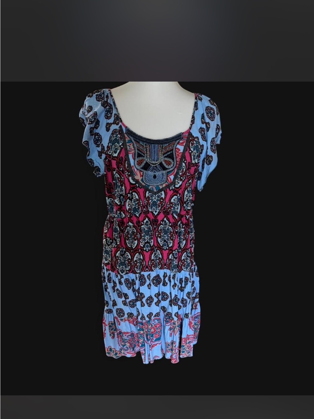ONE WORLD Blue and Pink Bohemian Printed Midi Dress w Embroidery